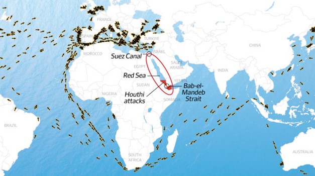 Satellite image of Suez Canal shipping January 2024